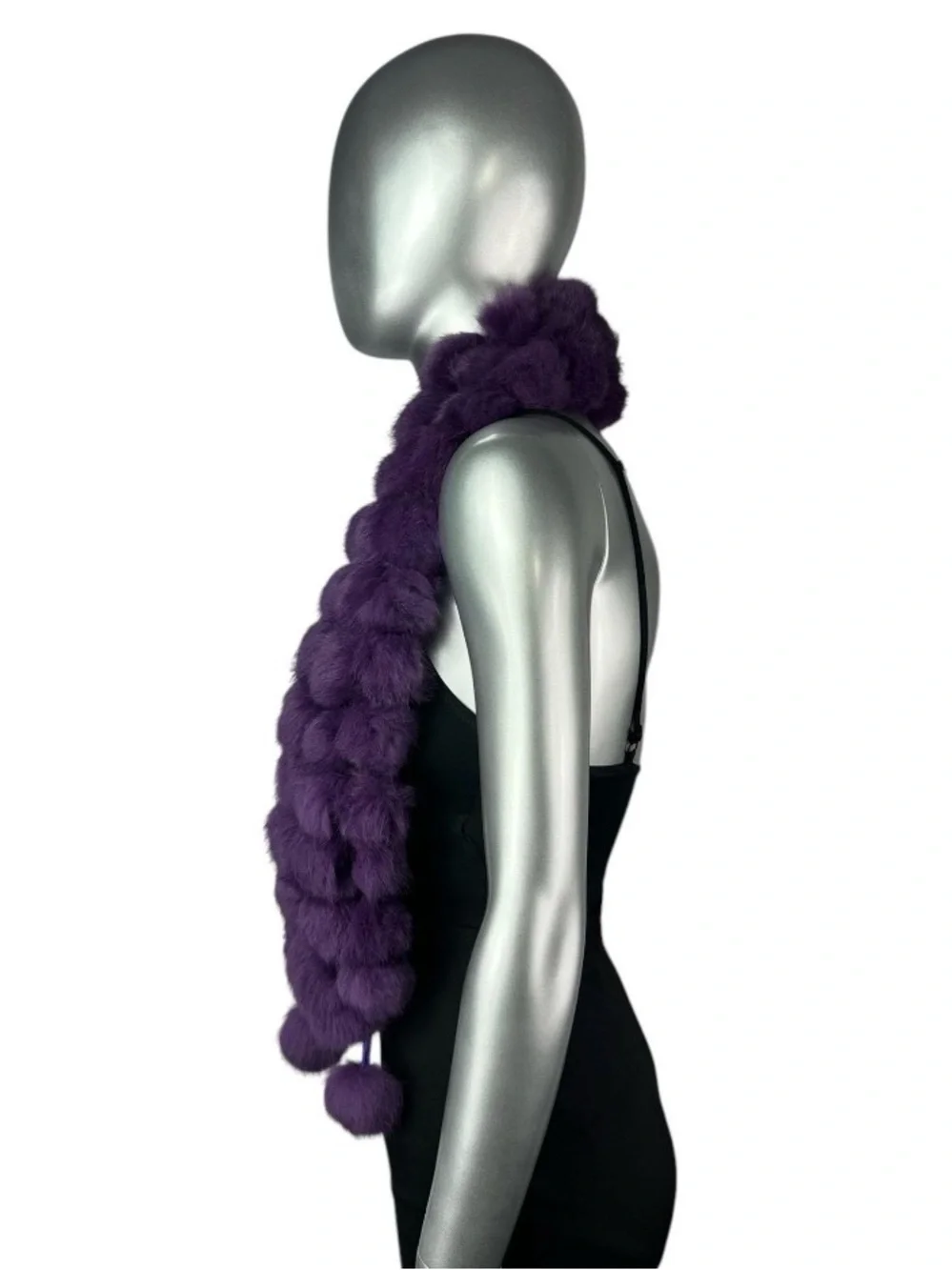 Purple RABBIT Scarf w/POM POMS Size 47”L, Certified Vintage Fur